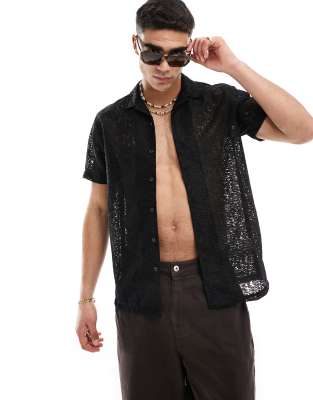 Brave Soul Brave Soul crochet revere collar shirt in black