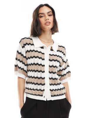 crocheted button down top in zig zag print-Multi