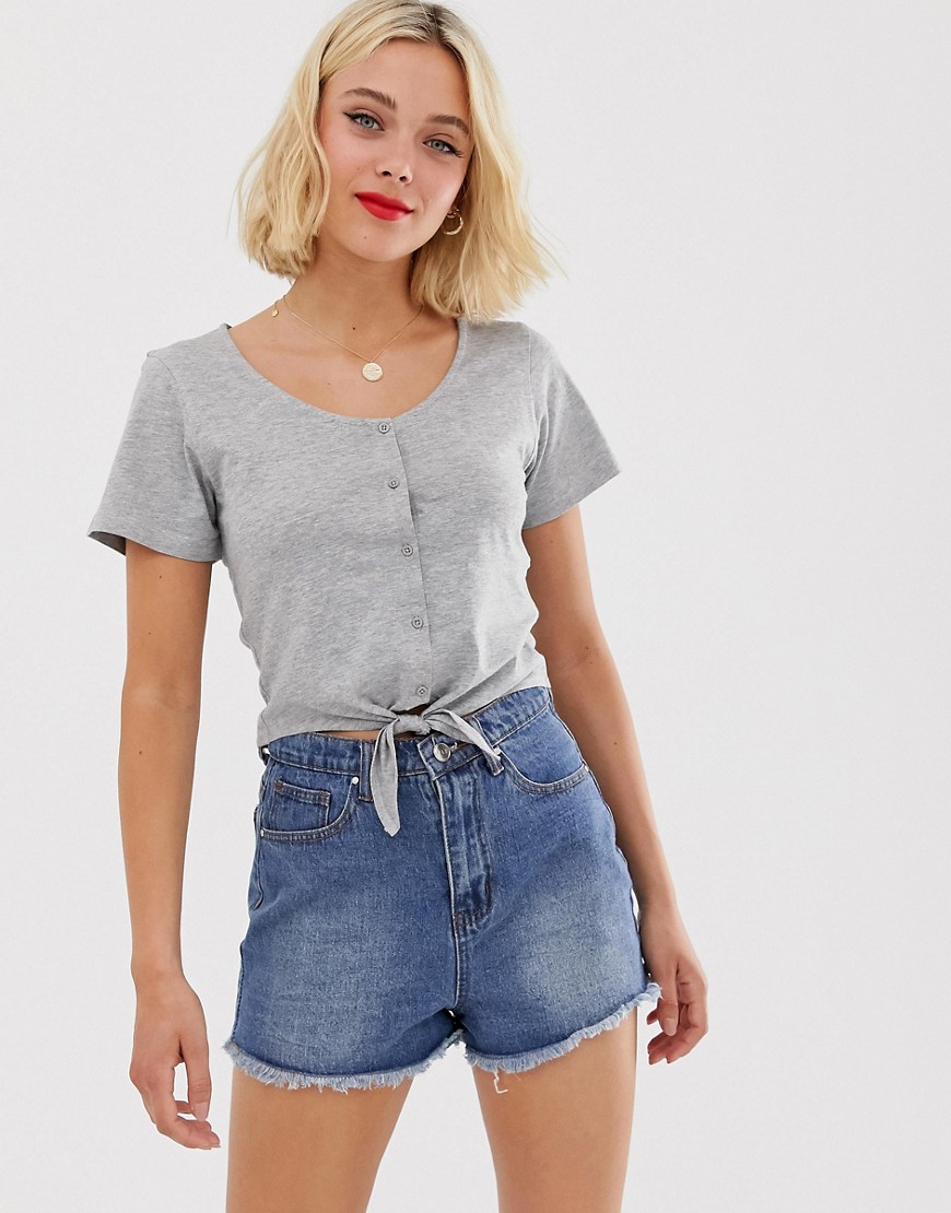 Brave Soul crop t shirt with tie front and button detail-Grey