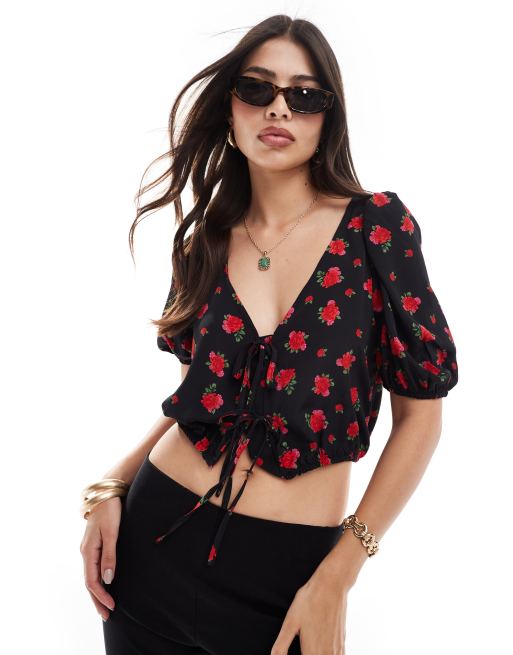 Brave Soul - Crop top noué devant à manches bouffantes et imprimé fleurs - Noir