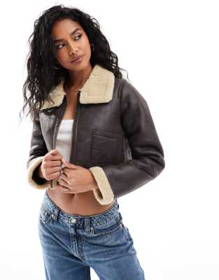 Brave Soul cropped bonded aviator jacket in dark brown