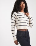 [Brave Soul] Brave Soul cropped cardigan in cream and navy stripe-Neutral 14 STONE