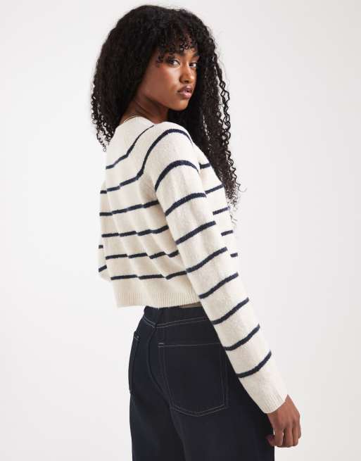 Brave Soul cropped cardigan in cream and navy stripe, 4 of 4