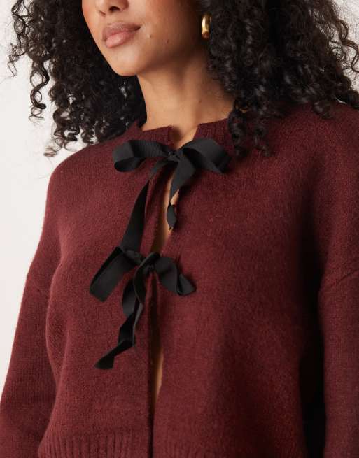 Brave Soul cropped cardigan with black ribbon ties in burgundy | ASOS
