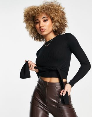 Brave Soul cropped jumper with front tie detail in black
