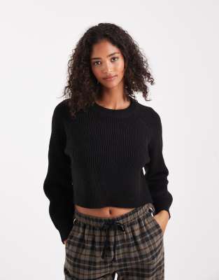 Brave Soul Cropped Knit Crew Neck Sweater In Black