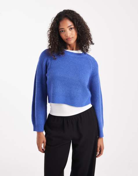 Brave Soul cropped knit crew neck sweater in blue - view 1
