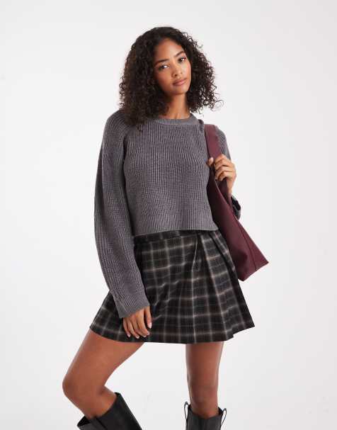 Brave Soul cropped knit crew neck sweater in charcoal - view 1