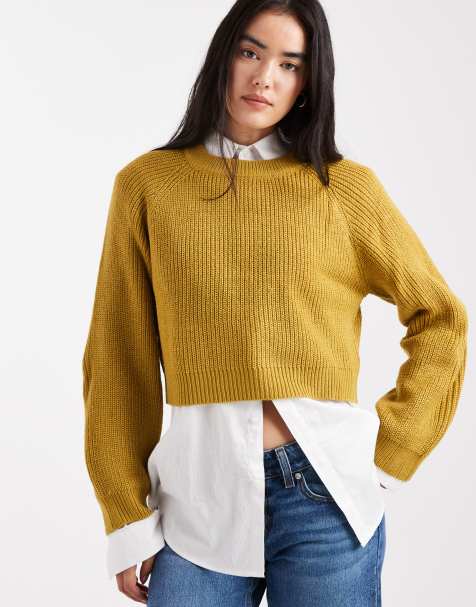 Brave Soul cropped knit crew neck sweater in olive green - view 1