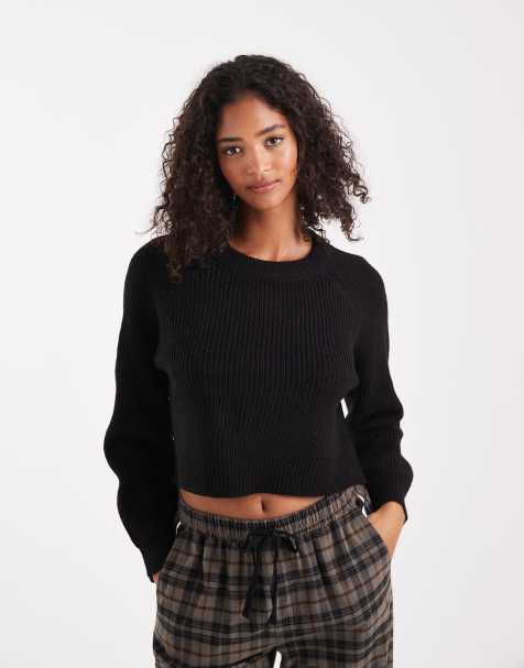 Brave Soul cropped knitted crew neck jumper in black - view 1
