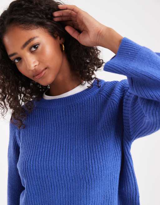 Brave Soul cropped knitted crew neck jumper in blue, 2 of 4