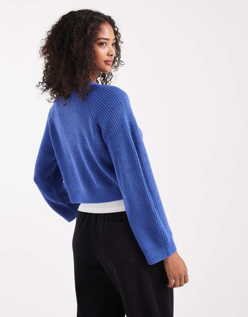 Brave Soul cropped knitted crew neck jumper in blue, 4 of 4