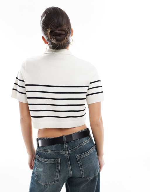 Brave Soul cropped knitted t-shirt with collar in cream and black stripe, 4 of 4