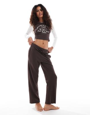 Brave Soul Brave Soul cropped long sleeve t-shirt and check trouser pyjama set in ecru and navy-White