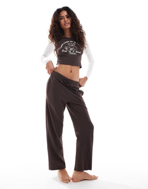 Brave Soul cropped long sleeve t-shirt and check trouser pyjama set in ecru and navy - view 1
