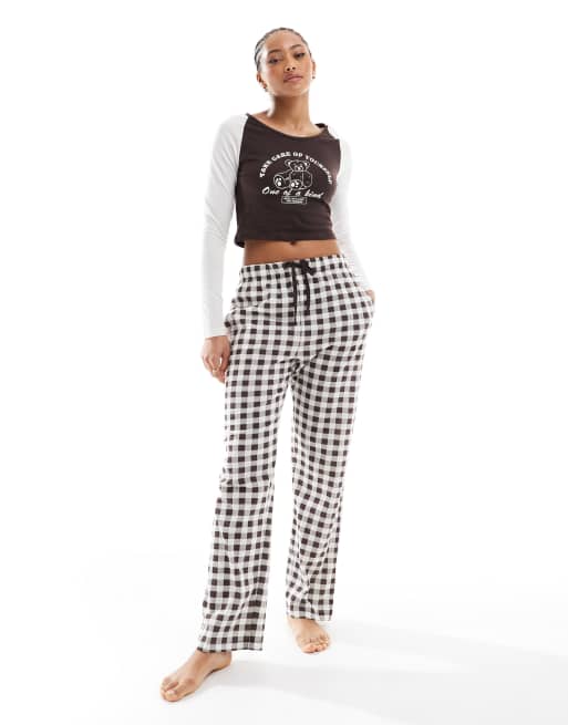 Brave Soul - Cropped loungeset van T-shirt met lange mouwen en geruite broek met wijde pijpen in ecru en bruin