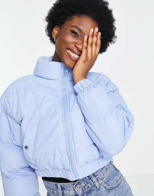 Blue cropped puffer jacket sale