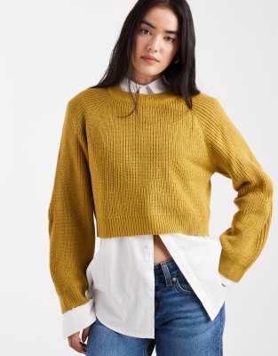 Brave Soul - Cropped-Strickpullover in Olivgrün mit Rundhalsausschnitt