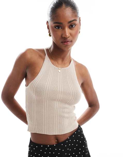 Brave Soul – Cropped Trägertop aus Strick in Steinbeige - view 1