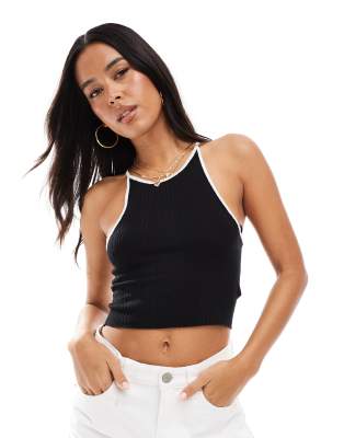 Brave Soul - Cropped-Trägertop aus Strickstoff in Schwarz mit weißen Zierstreifen