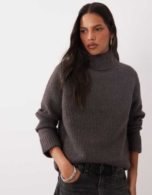 Brave Soul cuffed sleeve roll neck jumper in charcoal grey, 3 of 4