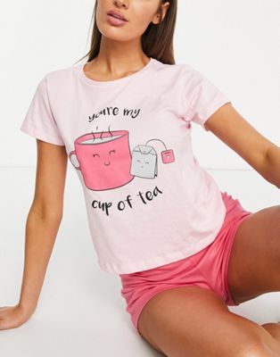 Brave Soul cup of tea short pyjama set in pink