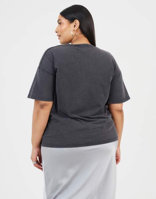 Brave Soul Curve acid wash graphic print oversized t-shirt in grey, 2 of 4