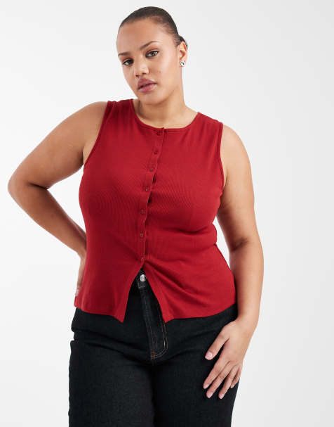 Brave Soul Curve button down tank top in red - view 1