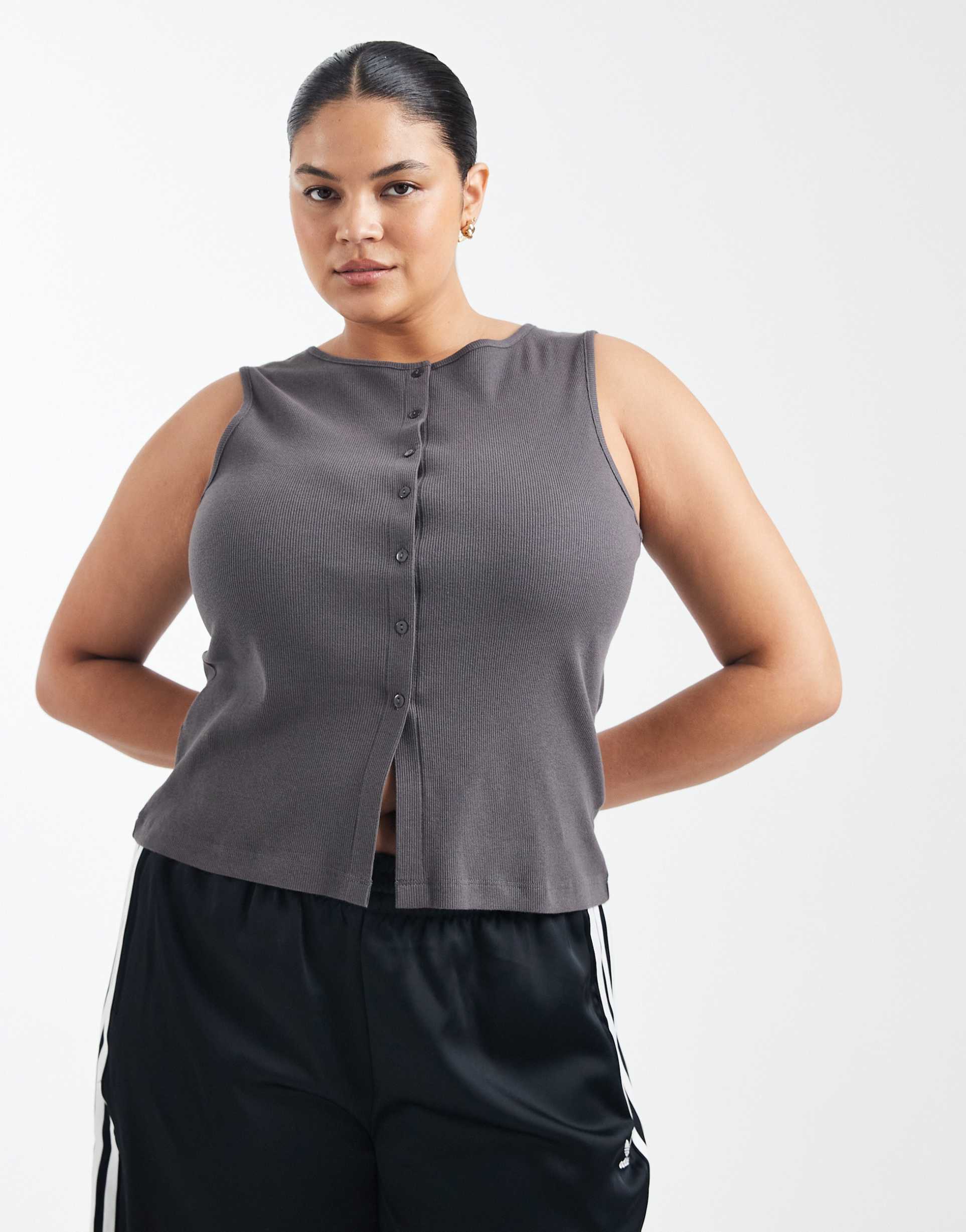 brave soul curve button down vest in charcoal gray