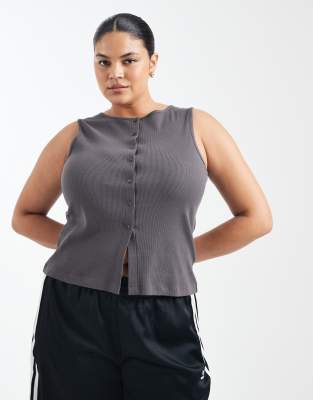 Brave Soul Plus Brave Soul Curve button down vest in charcoal grey