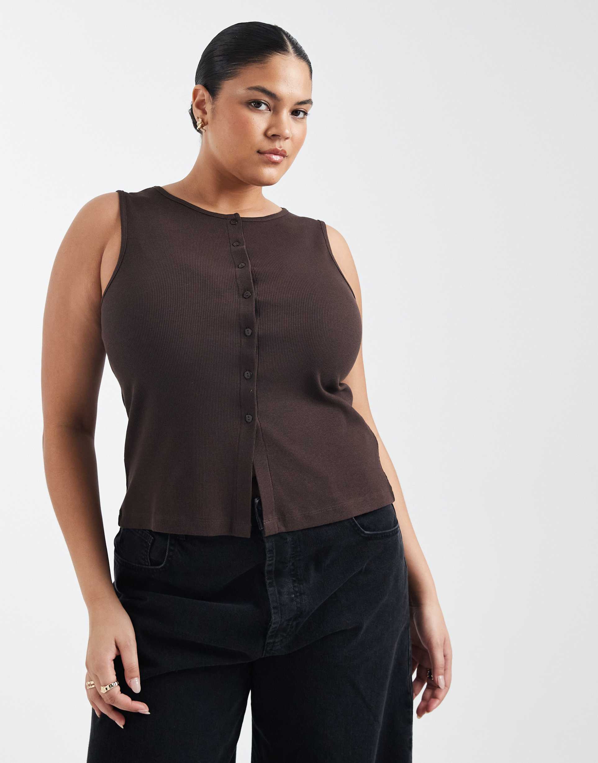 brave soul curve button down vest in chocolate brown