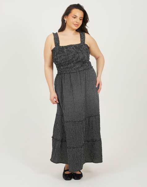 Brave Soul Curve check strappy shirred maxi dress in black - view 1