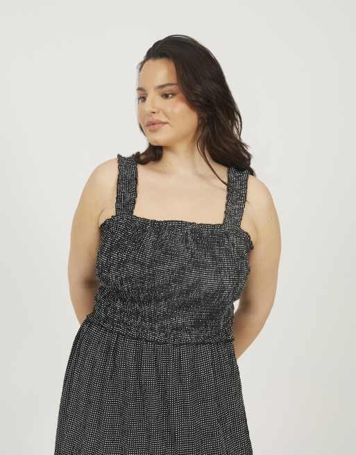 Brave Soul Curve check strappy shirred maxi dress in black, 3 of 3
