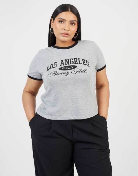 Brave Soul Curve contrast edge graphic baby tee in grey