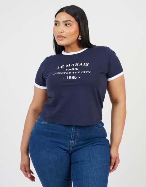 Brave Soul Curve contrast edge graphic baby tee in navy