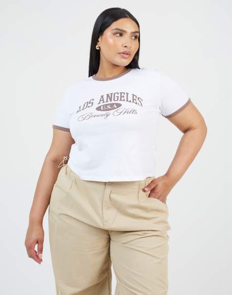 Brave Soul Curve contrast edge graphic baby tee in white - view 1