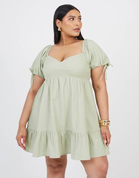 Brave Soul Curve cotton puff sleeve mini dress in green