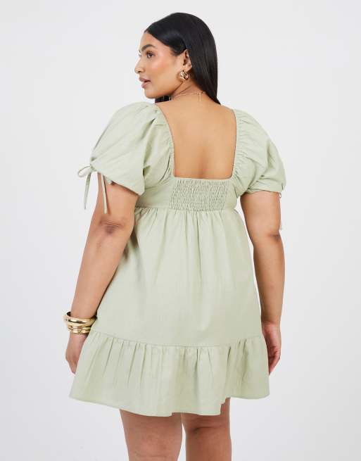 Brave Soul Curve cotton puff sleeve mini dress in green, 2 of 3