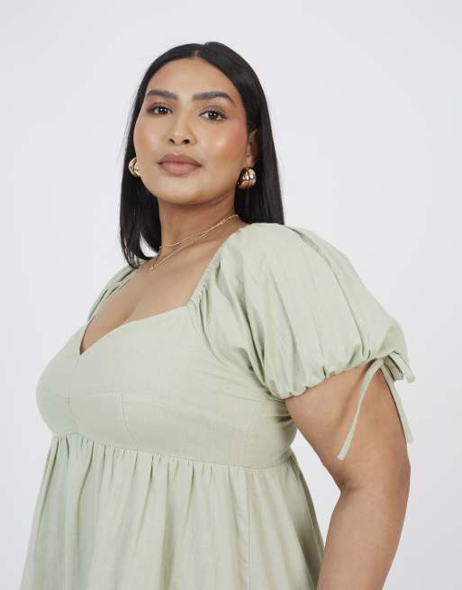 Brave Soul Curve cotton puff sleeve mini dress in green, 3 of 3