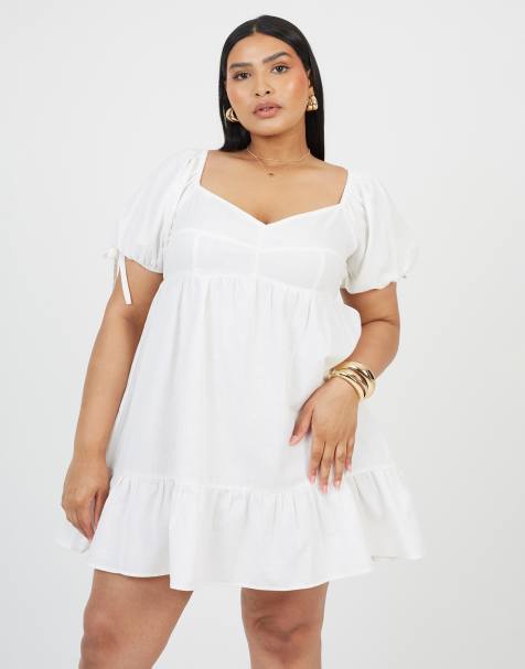 Brave Soul Curve cotton puff sleeve mini dress in white - view 1