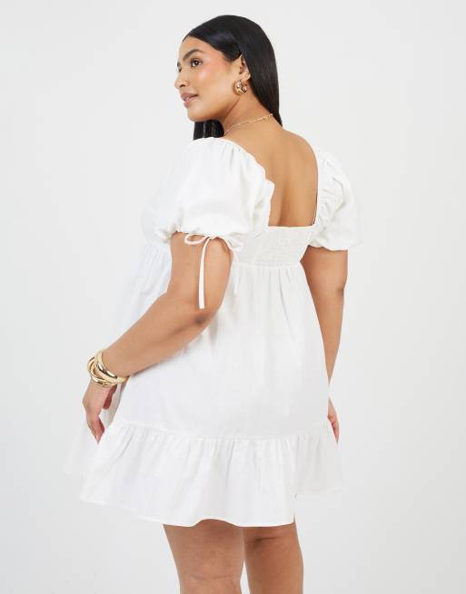 Brave Soul Curve cotton puff sleeve mini dress in white, 2 of 3
