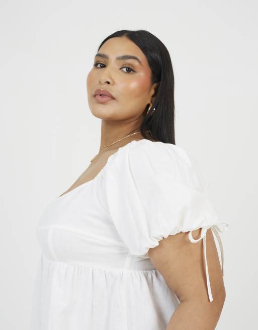 Brave Soul Curve cotton puff sleeve mini dress in white, 3 of 3