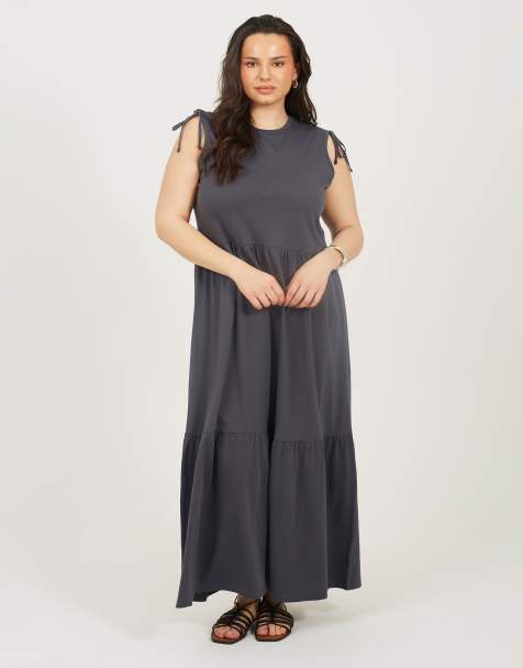 Brave Soul Curve cotton ruched shoulder tiered maxi dress in grey - view 1