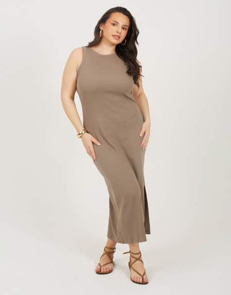 Brave Soul Curve crew neck bodycon midi dress in taupe