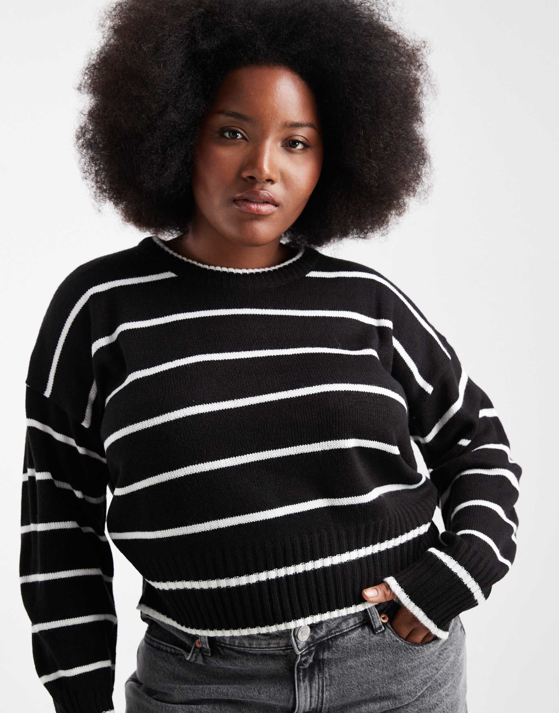brave soul curve crew neck knit sweater in black and white stripe