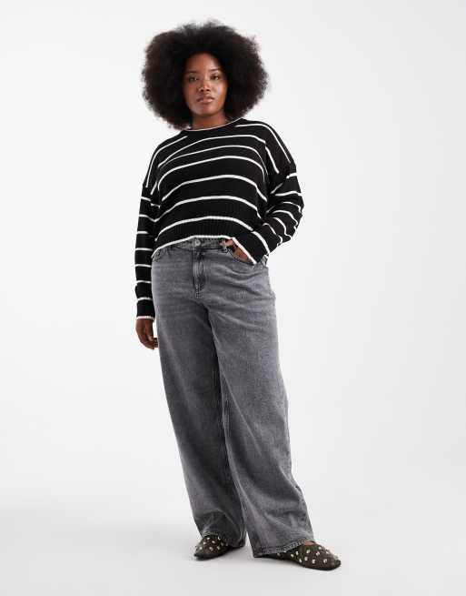 Brave Soul Curve crew neck knitted jumper in black and white stripe, 2 of 4