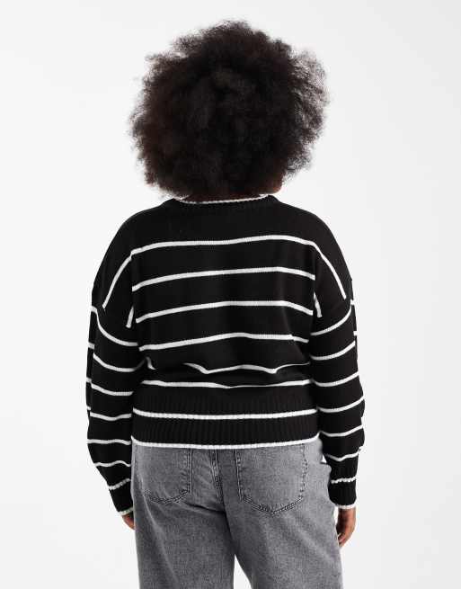 Brave Soul Curve crew neck knitted jumper in black and white stripe, 3 of 4