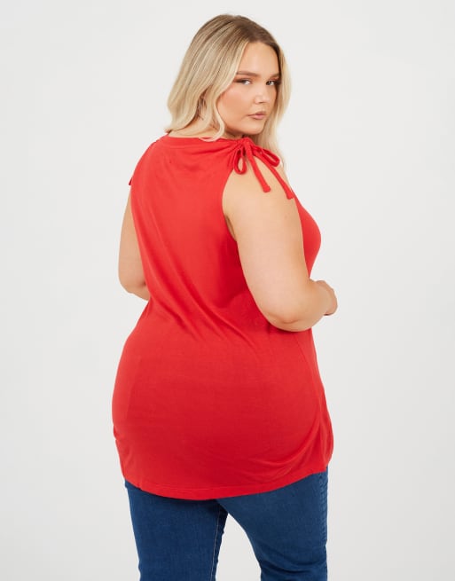 Brave Soul Curve drawstring shoulder longline vest in red, 2 of 4