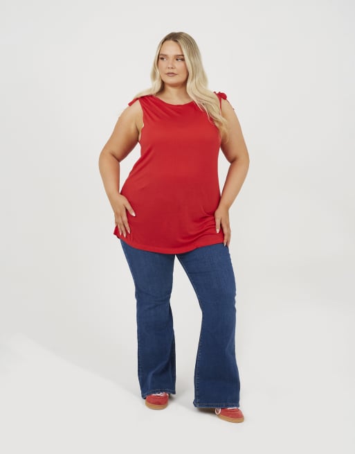 Brave Soul Curve drawstring shoulder longline vest in red, 3 of 4
