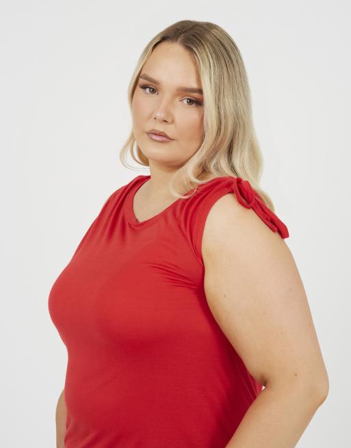 Brave Soul Curve drawstring shoulder longline vest in red, 4 of 4